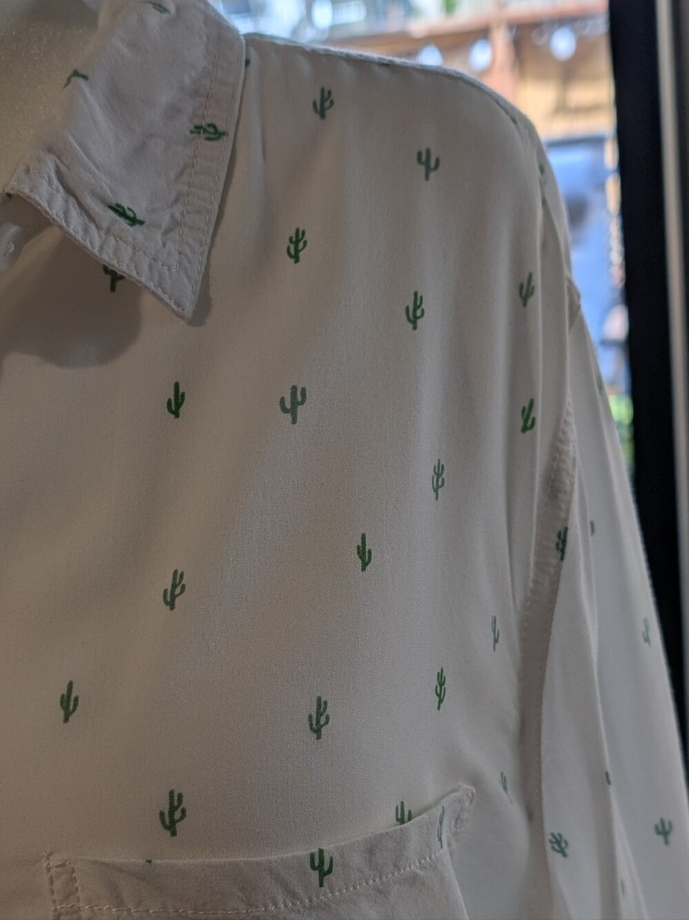 Flowy White Button-Up Blouse W/ Cute Tiny Green Cactus Print - Desert Babe View 2